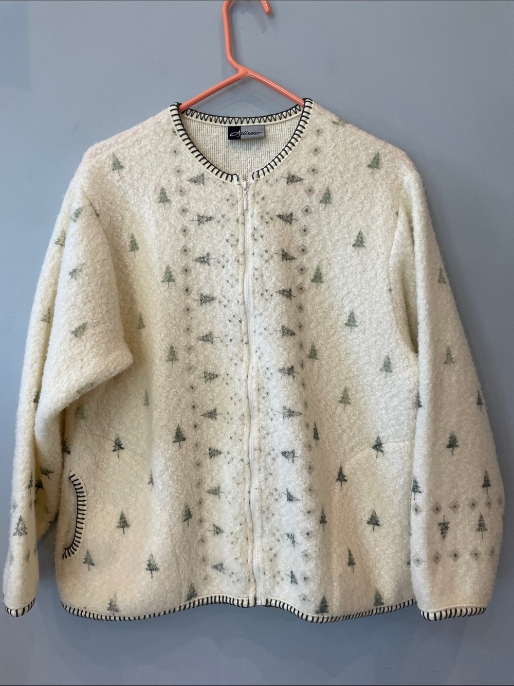 Women's Cream cardigan zip up Sweater with Tree Pattern vintage winter wear